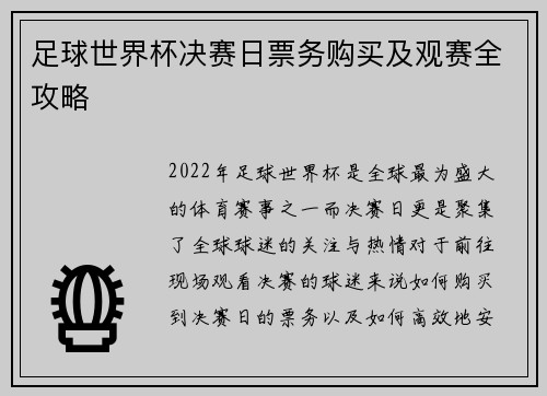 足球世界杯决赛日票务购买及观赛全攻略