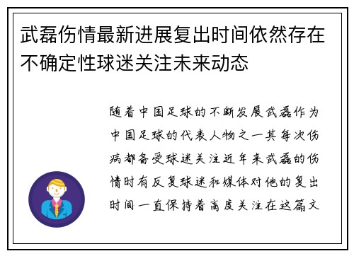 武磊伤情最新进展复出时间依然存在不确定性球迷关注未来动态