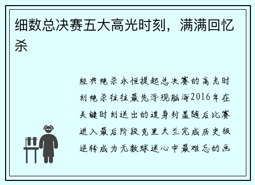 细数总决赛五大高光时刻，满满回忆杀